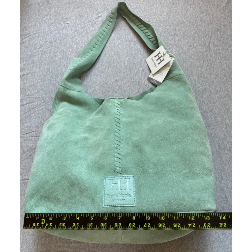 Haute Hippie Style Festival Suede Hobo Bag Green Braided Details Interior Pouch